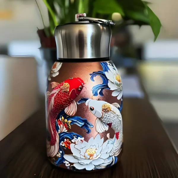 Mini Stainless Steel Water Bottle – 300 ml Floral Print (10) 300 ml mini stainless steel water bottle with colourful floral artwork and metallic carry-loop lid