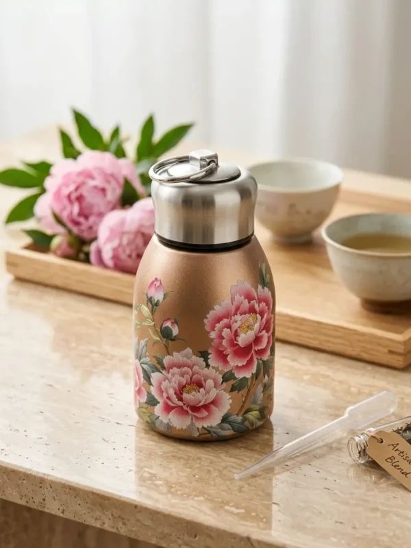 Mini Stainless Steel Water Bottle – 300 ml Floral Print (11) 300 ml mini stainless steel water bottle with colourful floral artwork and metallic carry-loop lid