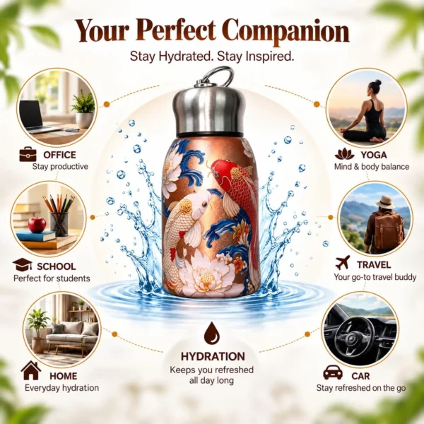 Mini Stainless Steel Water Bottle – 300 ml Floral Print (3) 300 ml mini stainless steel water bottle with colourful floral artwork and metallic carry-loop lid