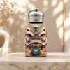 300 ml mini stainless steel water bottle with colourful floral artwork and metallic carry-loop lid