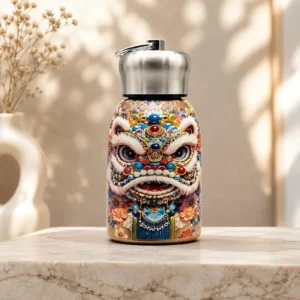 300 ml mini stainless steel water bottle with colourful floral artwork and metallic carry-loop lid