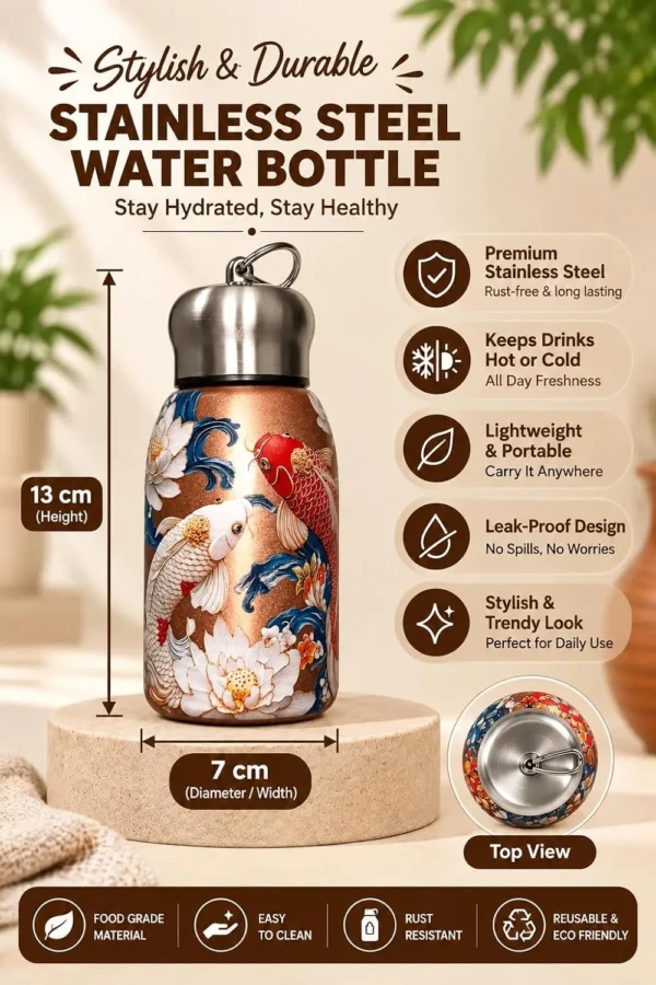 Mini Stainless Steel Water Bottle – 300 ml Floral Print (5) 300 ml mini stainless steel water bottle with colourful floral artwork and metallic carry-loop lid