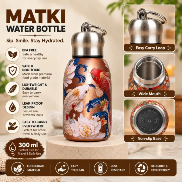 Mini Stainless Steel Water Bottle – 300 ml Floral Print (6) 300 ml mini stainless steel water bottle with colourful floral artwork and metallic carry-loop lid