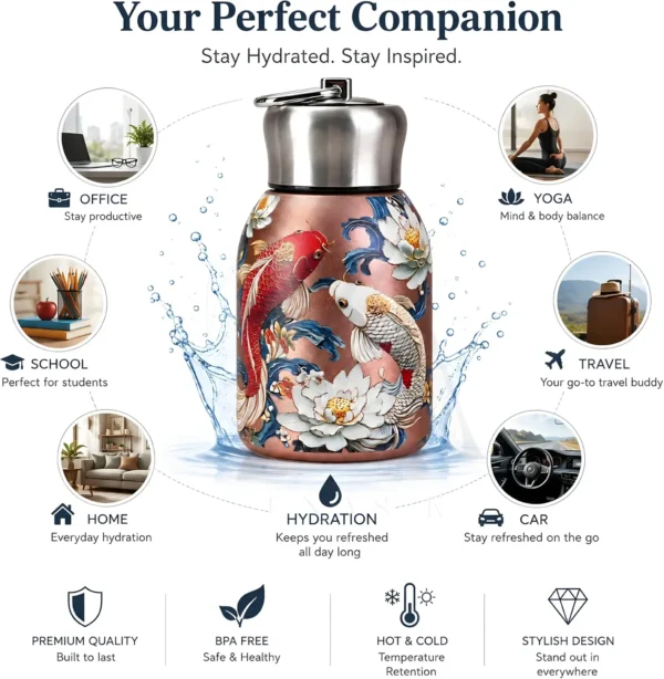 Mini Stainless Steel Water Bottle – 300 ml Floral Print (7) 300 ml mini stainless steel water bottle with colourful floral artwork and metallic carry-loop lid