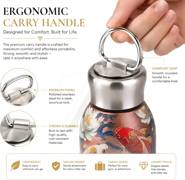 Mini Stainless Steel Water Bottle – 300 ml Floral Print (9) 300 ml mini stainless steel water bottle with colourful floral artwork and metallic carry-loop lid
